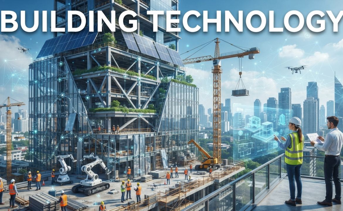 Building technology showcasing smart construction, BIM, AI, sustainable buildings, and modern engineering innovations.