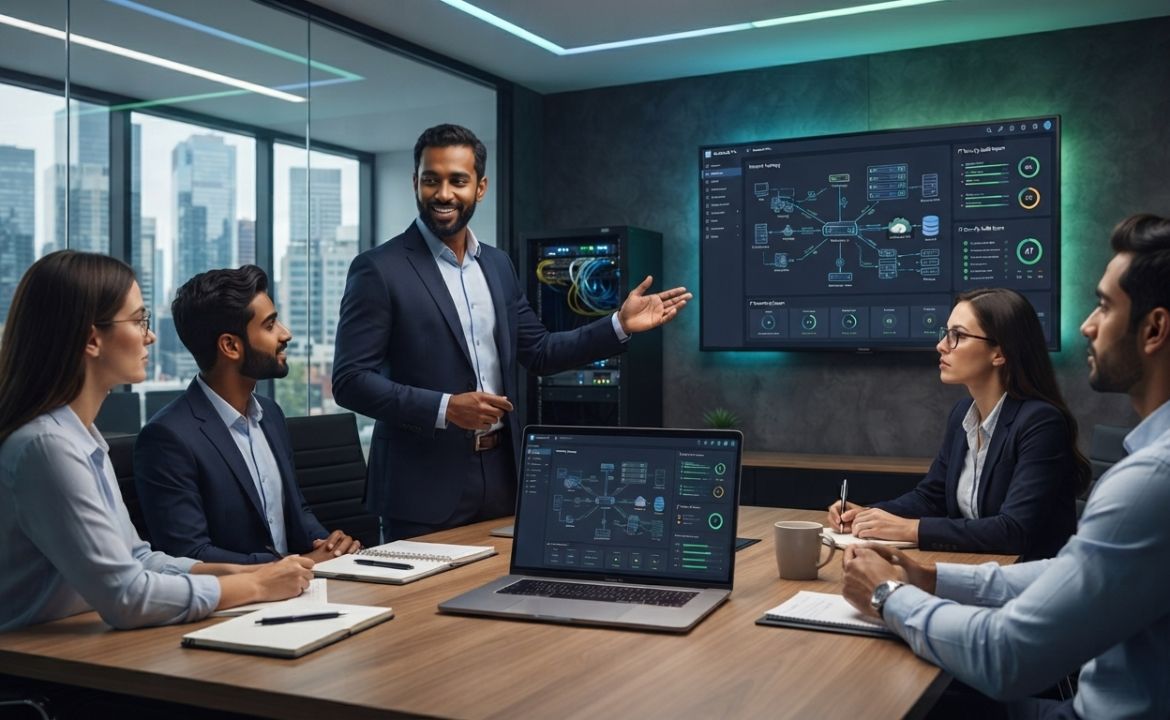 Business team reviewing IT systems during a business technology assessment meeting