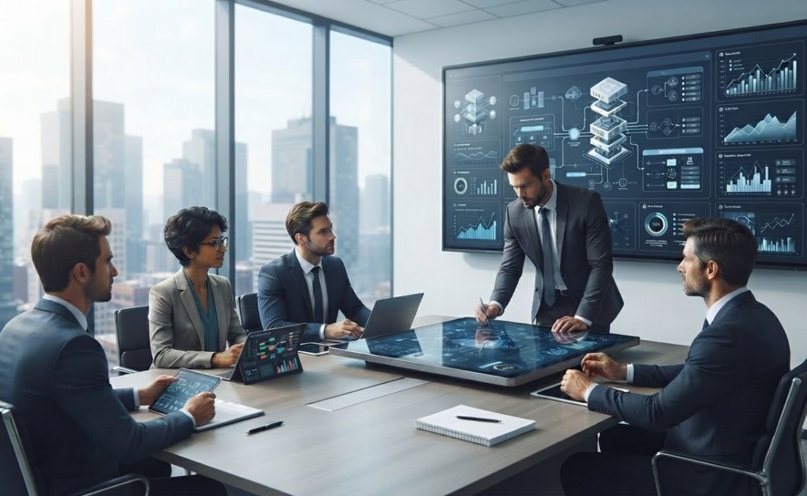Consultants and executives reviewing systems during an enterprise technology consulting engagement