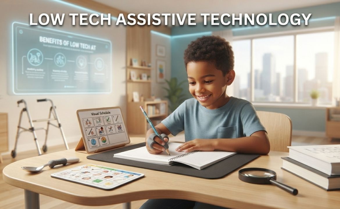 Low tech assistive technology tools supporting communication, learning, mobility, and independence in daily activities.