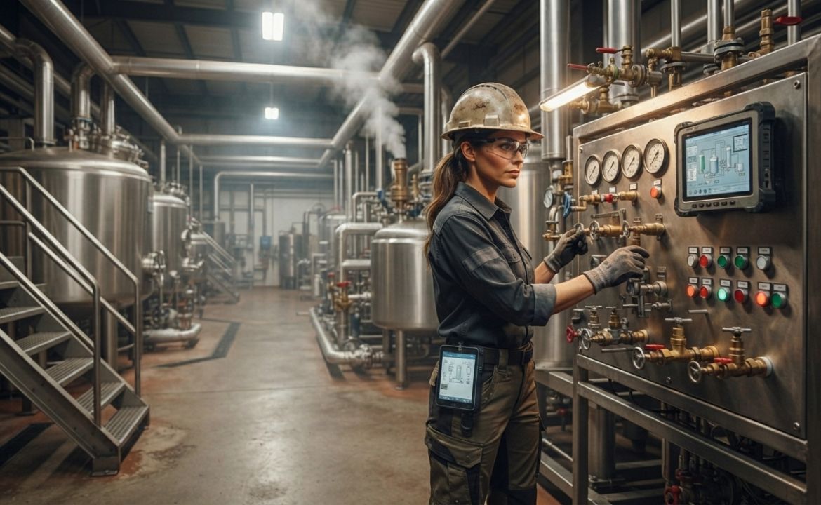 Technician with a process technology degree monitoring industrial plant control systems